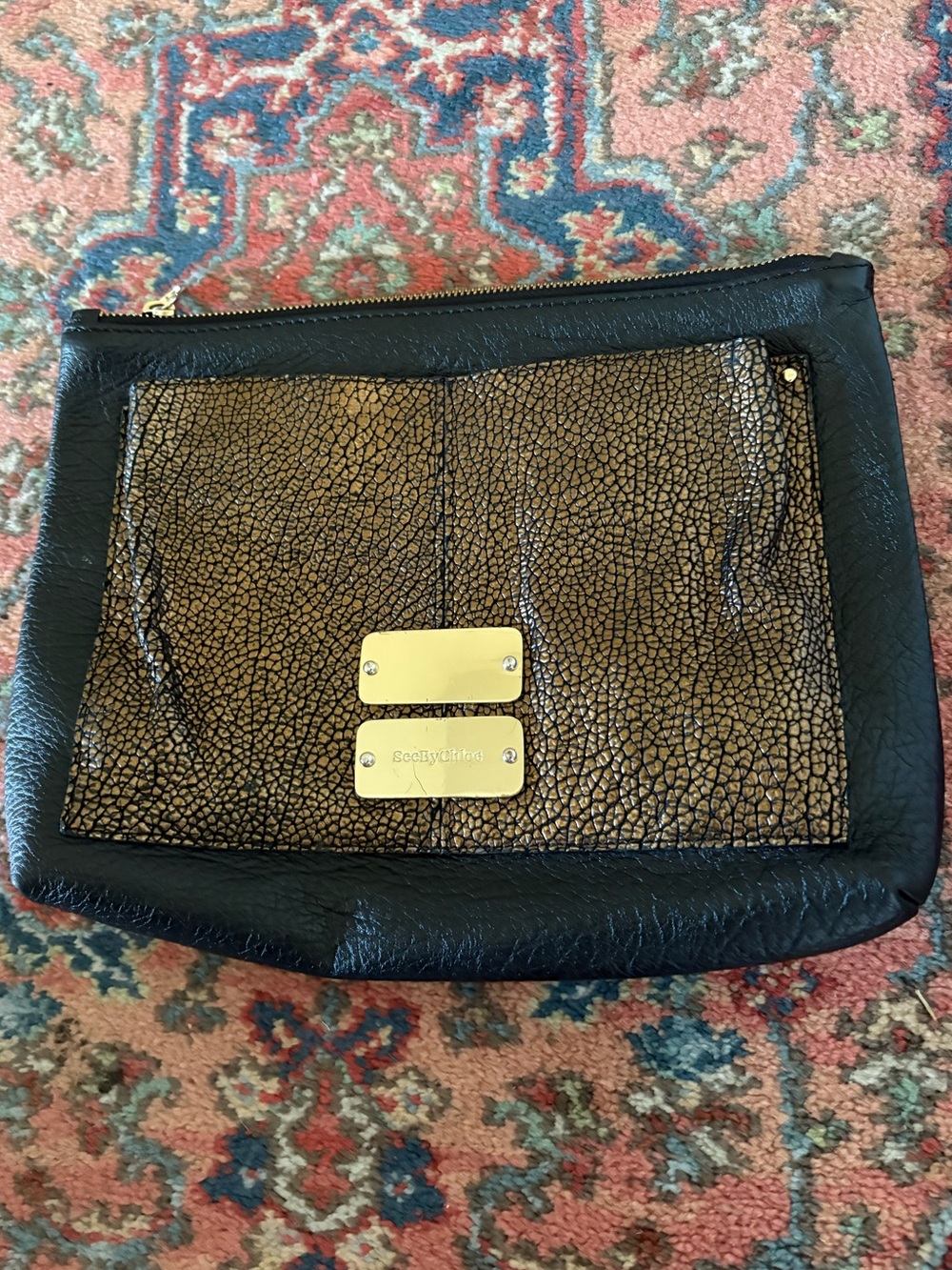 See By Chloe Black and Gold Leather Clutch